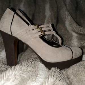 T-strap suede platform heels